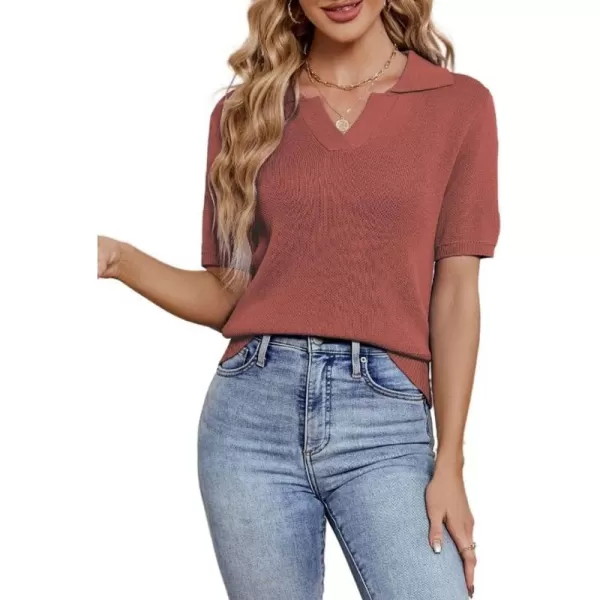 imagechouyatou Womens Spring Summer Short Sleeve Sweater Business Casual Top Blouse Polo TShirtRust Red