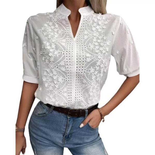 imagechouyatou Womens Stand Collar V Neck Crochet Eyelet Lace Babydoll Blouse Shirts TopsWhite