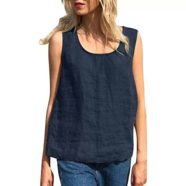 imagechouyatou Womens Summer Cotton Linen Tank Tops Work Casual Scoop Neck Sleeveless Tunic Shirts TopsDark Blue