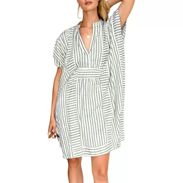 imagechouyatou Womens Summer Loose Stripe Beach Dress Cover Ups Casual Batwing Sleeve Midi Tunic Shirt DressGreen