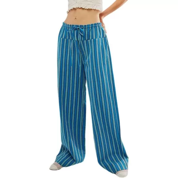 imagechouyatou Womens Vertical Striped Wide Leg Pants Drawstring Elastic Waist Palazzo Pants with PocketsBlue