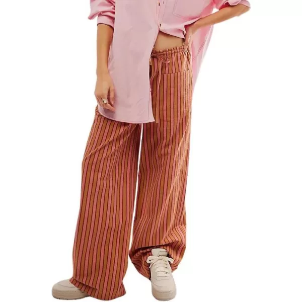 imagechouyatou Womens Vertical Striped Wide Leg Pants Drawstring Elastic Waist Palazzo Pants with PocketsBrown