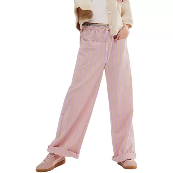 imagechouyatou Womens Vertical Striped Wide Leg Pants Drawstring Elastic Waist Palazzo Pants with PocketsPink