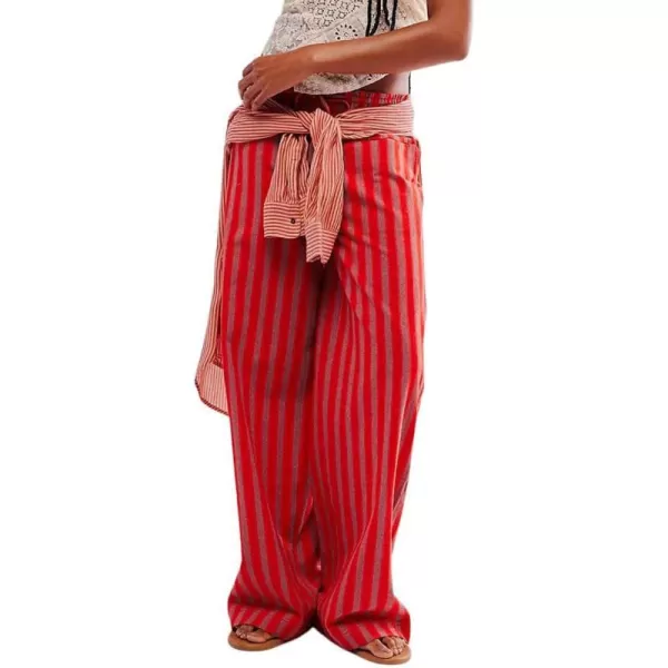 imagechouyatou Womens Vertical Striped Wide Leg Pants Drawstring Elastic Waist Palazzo Pants with PocketsRed