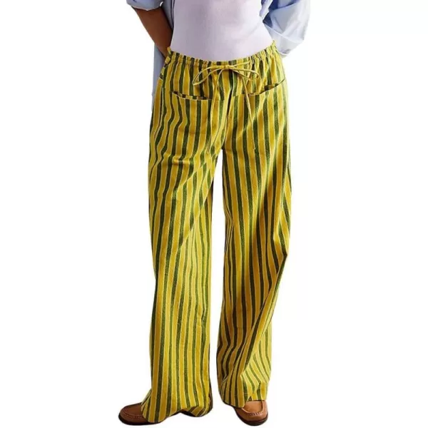 imagechouyatou Womens Vertical Striped Wide Leg Pants Drawstring Elastic Waist Palazzo Pants with PocketsYellow