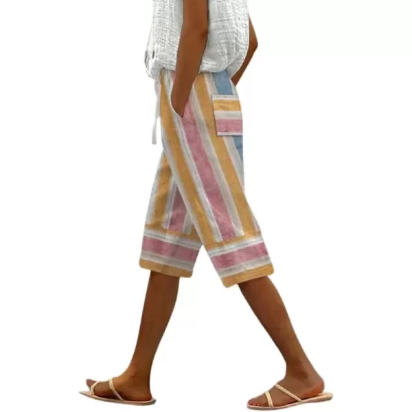 imagechouyatou Womens Vintage 90s Striped Pattern High Elastic Waisted Wide Leg Cropped Capri Pants with PocketsYellow Pink