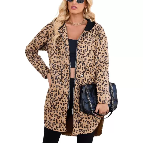 imagechouyatou Womens Vintage Leopard Pattern Zip Up Hooded Faux Suede Leather Jacket Trench Coat with PocketsLeopard Brown