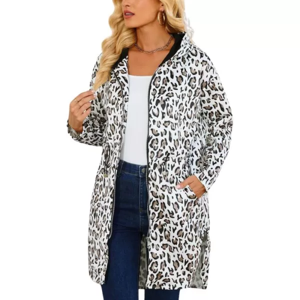 imagechouyatou Womens Vintage Leopard Pattern Zip Up Hooded Faux Suede Leather Jacket Trench Coat with PocketsLeopard White