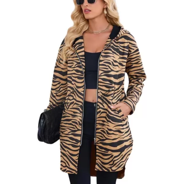 imagechouyatou Womens Vintage Leopard Pattern Zip Up Hooded Faux Suede Leather Jacket Trench Coat with PocketsZebra Brown