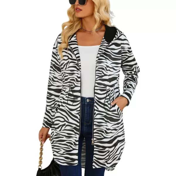 imagechouyatou Womens Vintage Leopard Pattern Zip Up Hooded Faux Suede Leather Jacket Trench Coat with PocketsZebra White
