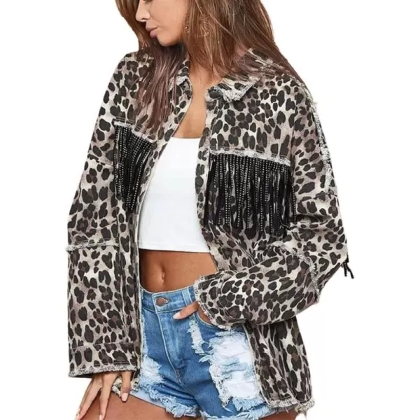 imagechouyatou Womens Washed Leopard Print Jean Jacket Fringe Button Down Denim Shacket JacketLeopard