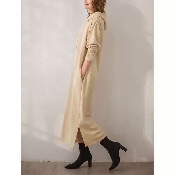 imagechouyatou Womens Basic Solid Long Sleeve Sweatshirt Hoodie Maxi Dress With PocketsBeige