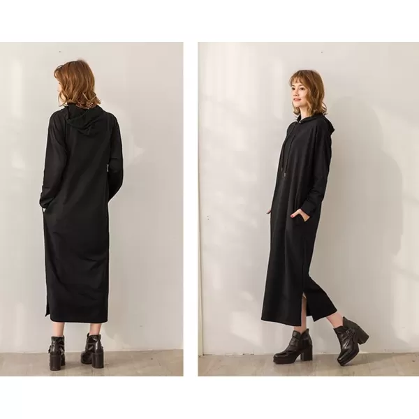 imagechouyatou Womens Basic Solid Long Sleeve Sweatshirt Hoodie Maxi Dress With PocketsBlack