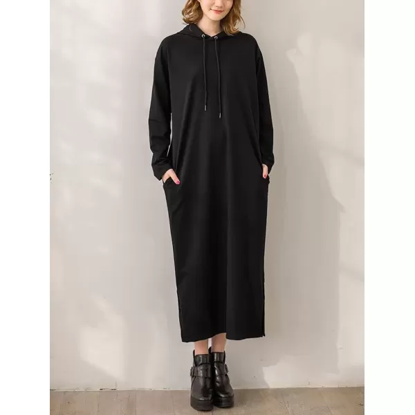 imagechouyatou Womens Basic Solid Long Sleeve Sweatshirt Hoodie Maxi Dress With PocketsBlack
