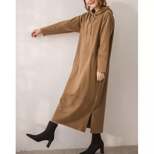 imagechouyatou Womens Basic Solid Long Sleeve Sweatshirt Hoodie Maxi Dress With PocketsKhaki Brown
