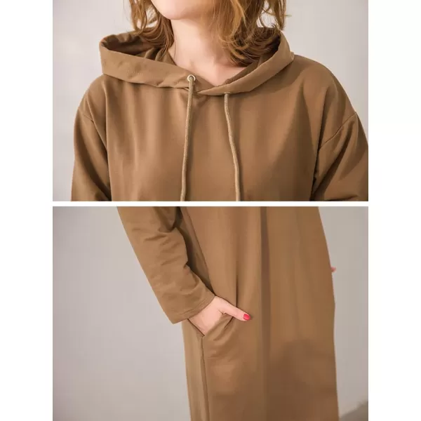 imagechouyatou Womens Basic Solid Long Sleeve Sweatshirt Hoodie Maxi Dress With PocketsKhaki Brown