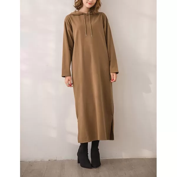 imagechouyatou Womens Basic Solid Long Sleeve Sweatshirt Hoodie Maxi Dress With PocketsKhaki Brown
