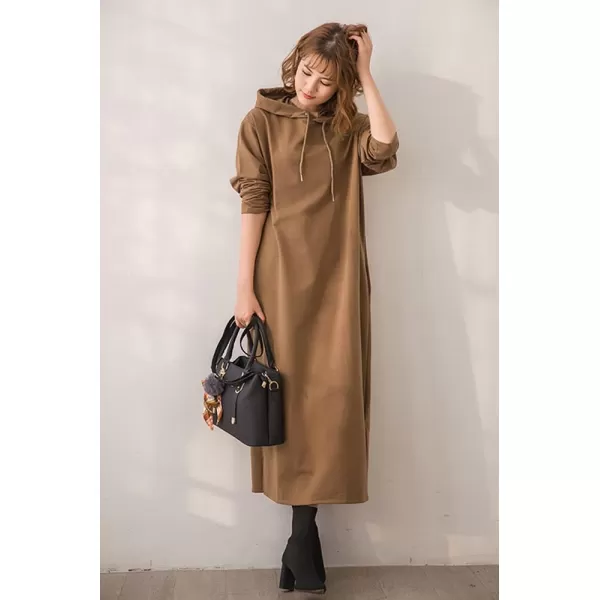 imagechouyatou Womens Basic Solid Long Sleeve Sweatshirt Hoodie Maxi Dress With PocketsKhaki Brown