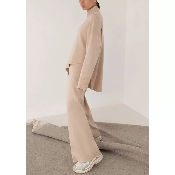 imagechouyatou Womens Casual 2 Piece Outfits Knitted Mock Neck Irregular Sweater Wide Leg Pants SetBeige