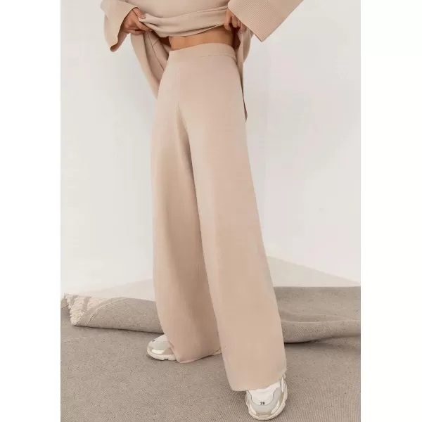 imagechouyatou Womens Casual 2 Piece Outfits Knitted Mock Neck Irregular Sweater Wide Leg Pants SetBeige