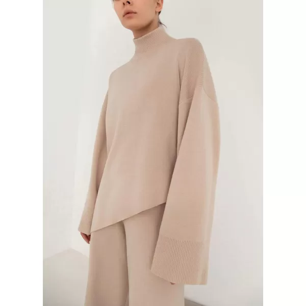 imagechouyatou Womens Casual 2 Piece Outfits Knitted Mock Neck Irregular Sweater Wide Leg Pants SetBeige