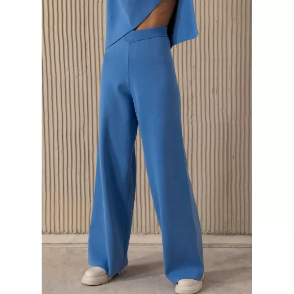 imagechouyatou Womens Casual 2 Piece Outfits Knitted Mock Neck Irregular Sweater Wide Leg Pants SetBlue