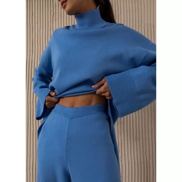 imagechouyatou Womens Casual 2 Piece Outfits Knitted Mock Neck Irregular Sweater Wide Leg Pants SetBlue