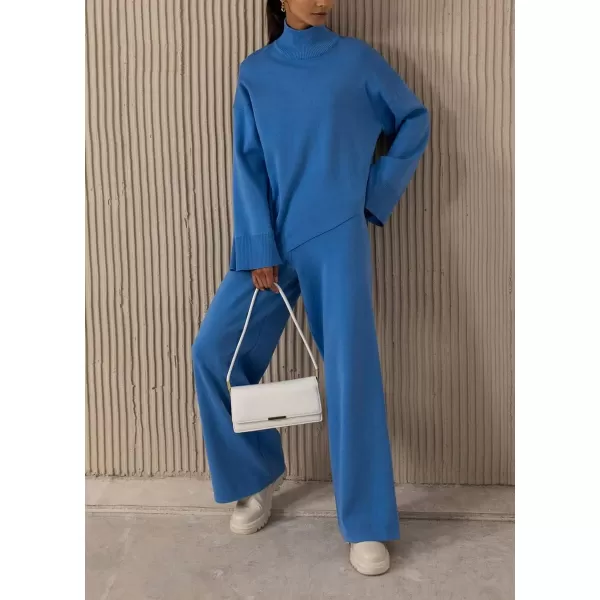 imagechouyatou Womens Casual 2 Piece Outfits Knitted Mock Neck Irregular Sweater Wide Leg Pants SetBlue
