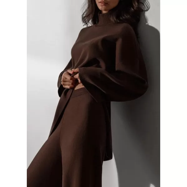 imagechouyatou Womens Casual 2 Piece Outfits Knitted Mock Neck Irregular Sweater Wide Leg Pants SetDark Coffee