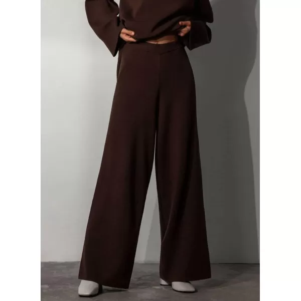 imagechouyatou Womens Casual 2 Piece Outfits Knitted Mock Neck Irregular Sweater Wide Leg Pants SetDark Coffee
