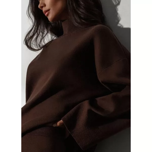 imagechouyatou Womens Casual 2 Piece Outfits Knitted Mock Neck Irregular Sweater Wide Leg Pants SetDark Coffee