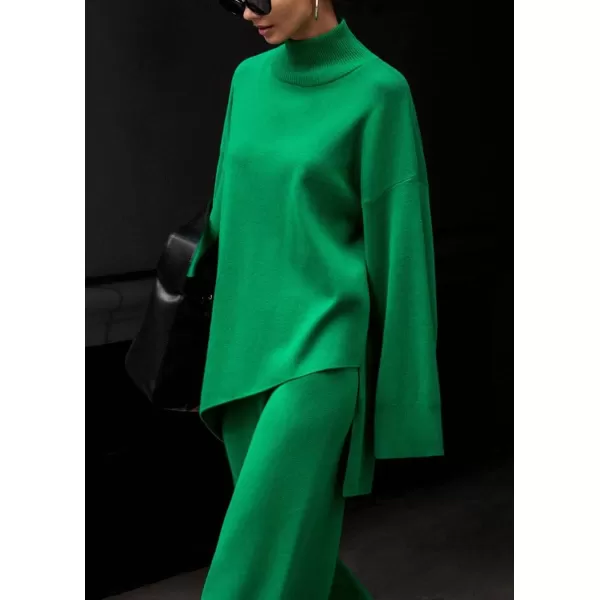 imagechouyatou Womens Casual 2 Piece Outfits Knitted Mock Neck Irregular Sweater Wide Leg Pants SetGreen