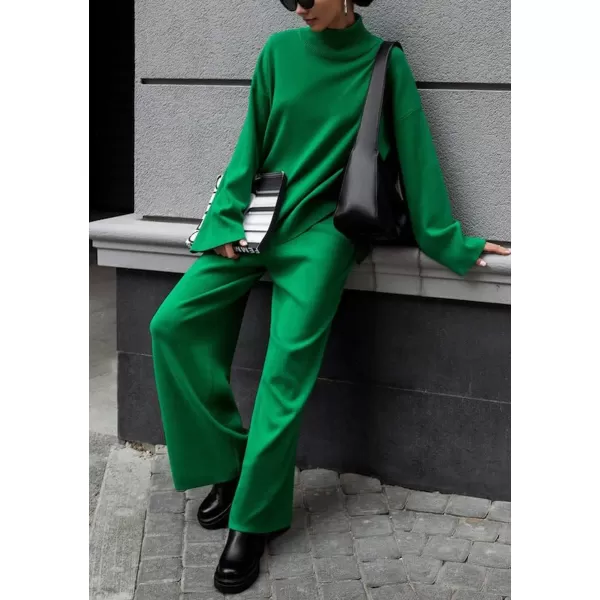 imagechouyatou Womens Casual 2 Piece Outfits Knitted Mock Neck Irregular Sweater Wide Leg Pants SetGreen