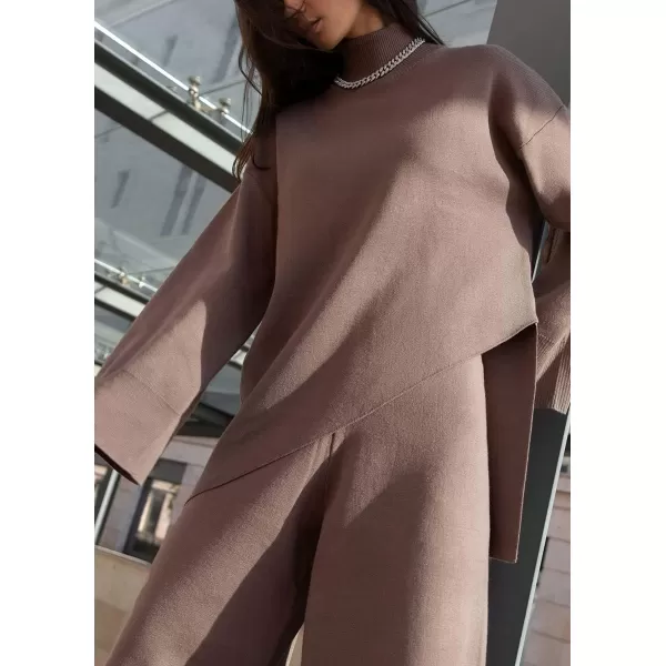 imagechouyatou Womens Casual 2 Piece Outfits Knitted Mock Neck Irregular Sweater Wide Leg Pants SetLight Brown