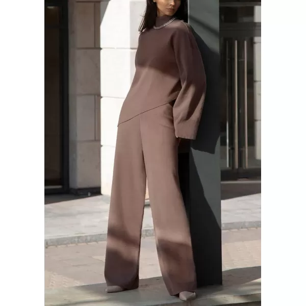 imagechouyatou Womens Casual 2 Piece Outfits Knitted Mock Neck Irregular Sweater Wide Leg Pants SetLight Brown