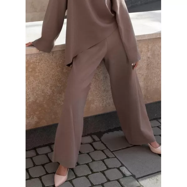 imagechouyatou Womens Casual 2 Piece Outfits Knitted Mock Neck Irregular Sweater Wide Leg Pants SetLight Brown