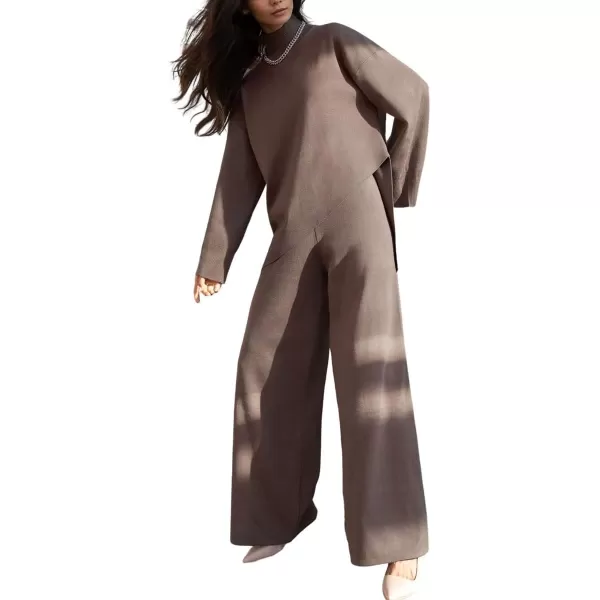 imagechouyatou Womens Casual 2 Piece Outfits Knitted Mock Neck Irregular Sweater Wide Leg Pants SetLight Brown