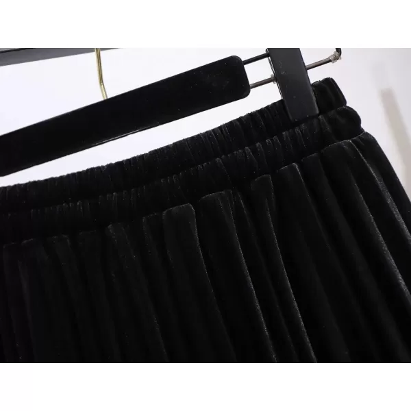 imagechouyatou Womens Casual Stretched High Waist Plus Size A Line Flared Flowy Pleated Long Velvet Party SkirtBlack