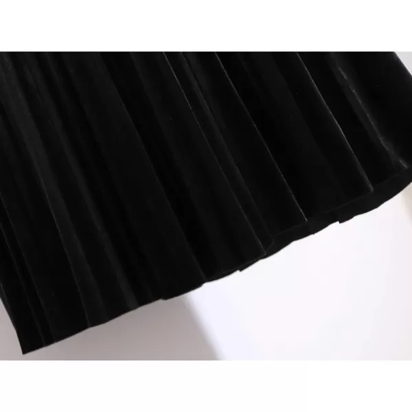 imagechouyatou Womens Casual Stretched High Waist Plus Size A Line Flared Flowy Pleated Long Velvet Party SkirtBlack