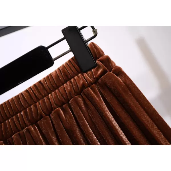 imagechouyatou Womens Casual Stretched High Waist Plus Size A Line Flared Flowy Pleated Long Velvet Party SkirtCaramel