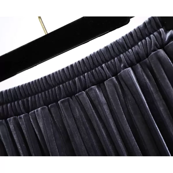 imagechouyatou Womens Casual Stretched High Waist Plus Size A Line Flared Flowy Pleated Long Velvet Party SkirtGrey