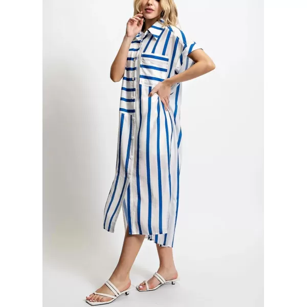 imagechouyatou Womens Casual Striped Button Down Shirt Dress Loose Side Split Swimsuit Cover Ups Summer Beach DressBlue