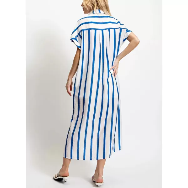 imagechouyatou Womens Casual Striped Button Down Shirt Dress Loose Side Split Swimsuit Cover Ups Summer Beach DressBlue