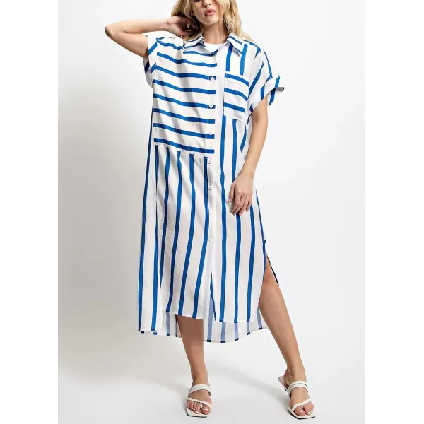imagechouyatou Womens Casual Striped Button Down Shirt Dress Loose Side Split Swimsuit Cover Ups Summer Beach DressBlue