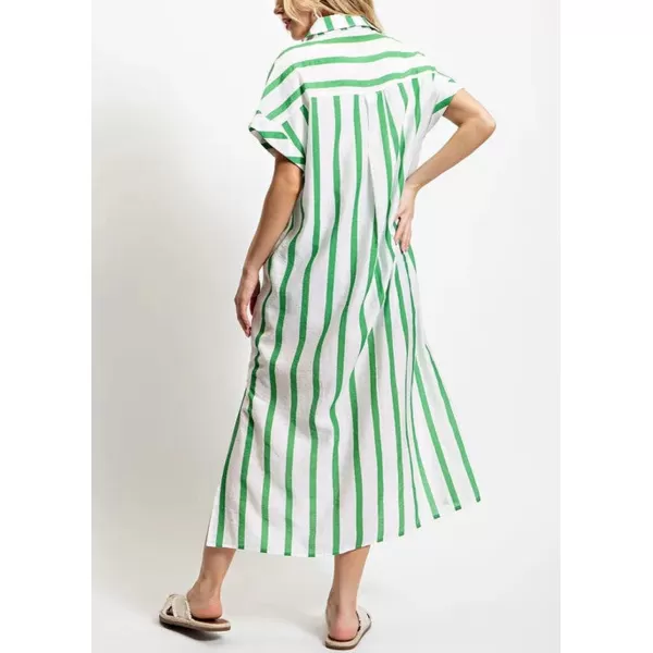 imagechouyatou Womens Casual Striped Button Down Shirt Dress Loose Side Split Swimsuit Cover Ups Summer Beach DressGreen