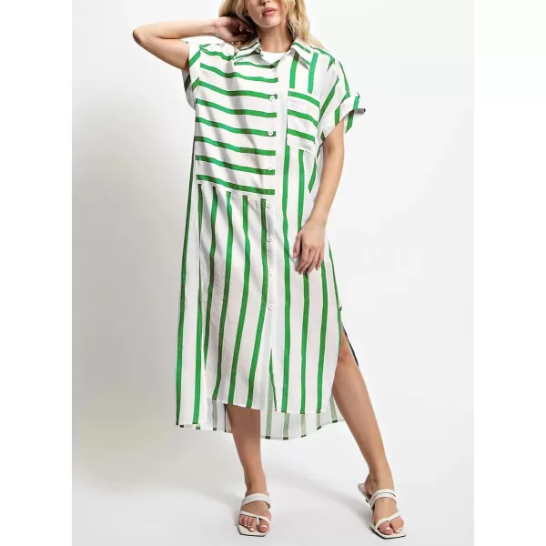 imagechouyatou Womens Casual Striped Button Down Shirt Dress Loose Side Split Swimsuit Cover Ups Summer Beach DressGreen