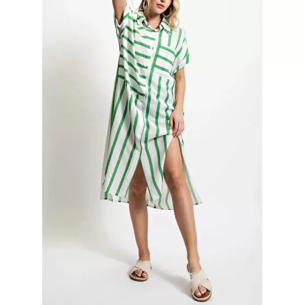 imagechouyatou Womens Casual Striped Button Down Shirt Dress Loose Side Split Swimsuit Cover Ups Summer Beach DressGreen