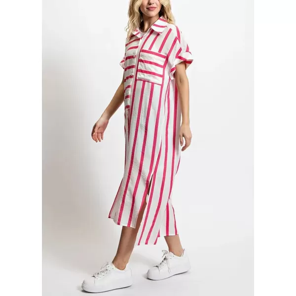 imagechouyatou Womens Casual Striped Button Down Shirt Dress Loose Side Split Swimsuit Cover Ups Summer Beach DressRed