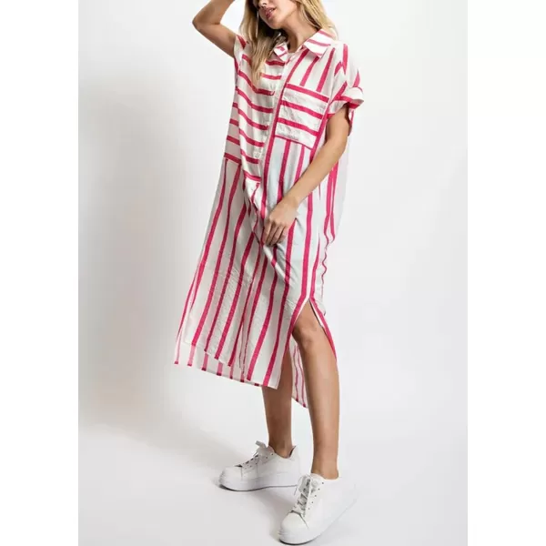 imagechouyatou Womens Casual Striped Button Down Shirt Dress Loose Side Split Swimsuit Cover Ups Summer Beach DressRed