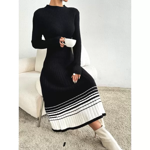 imagechouyatou Womens Color Block Striped Hem Long Sleeve Sweater Dress Pleated ALine Swing Ribbed Knit Long DressBlack